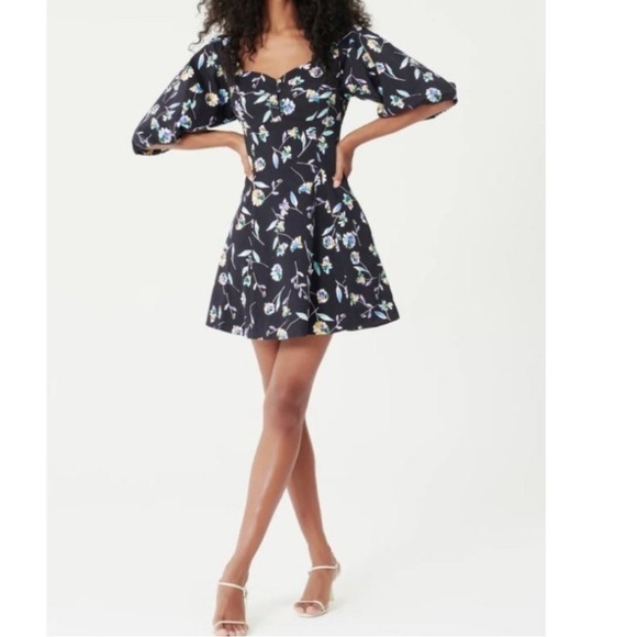 NICHOLAS Puff Sleeve Mini Dress Lydia Black Floral Print Cotton Size 6 - Picture 1 of 11